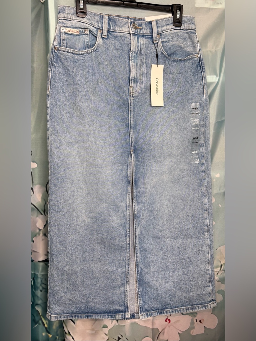 NWT Calvin Klein Jeans Denim Maxi Skirt Front Slit Light Wash 30